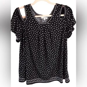 Max Studio Womens  Cold Shoulder Polka‎ Dot Top Size L Black Flowy Office Career